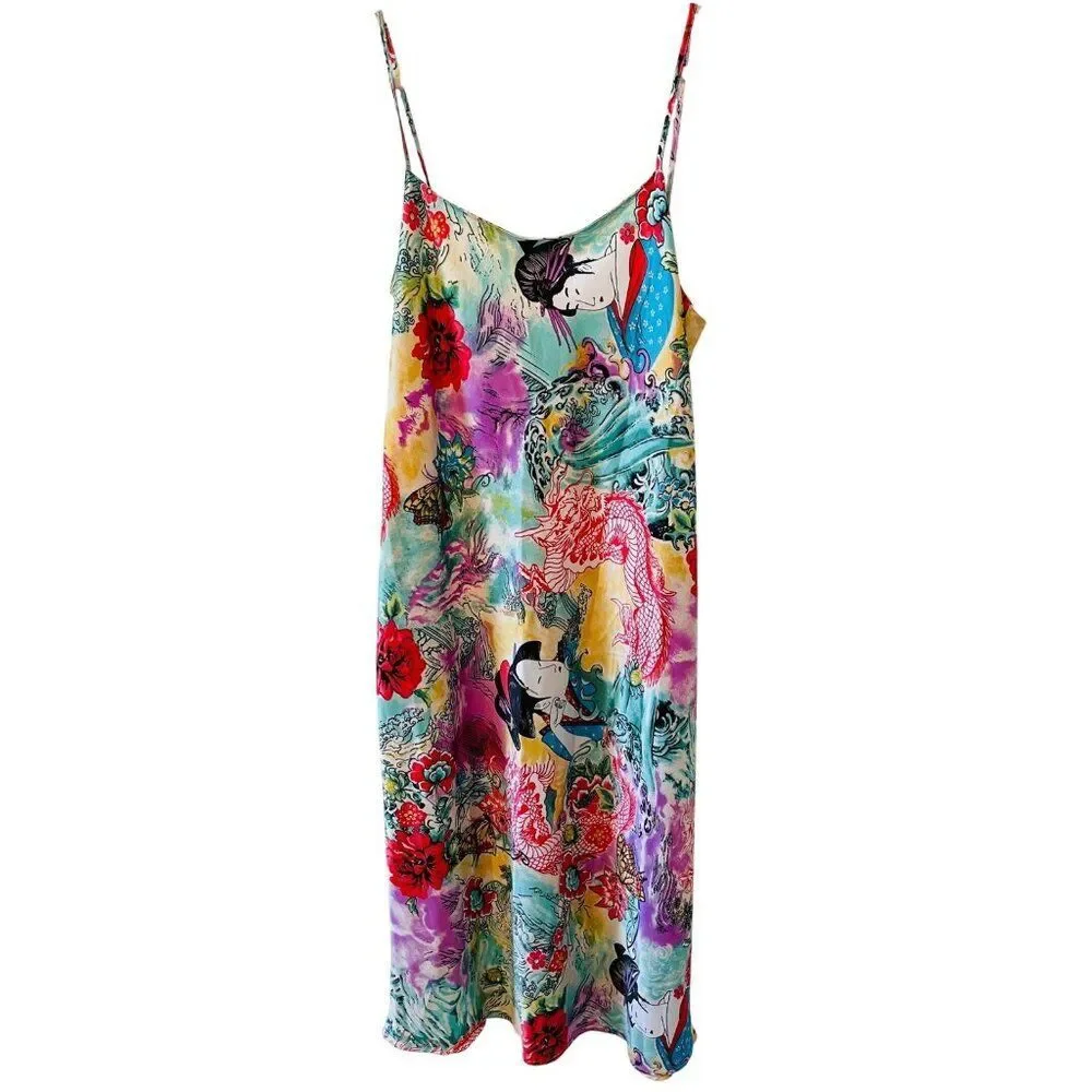 NATORI Iconic vintage GORGEOUS bias satin slip dress nightgown Geisha dragon S